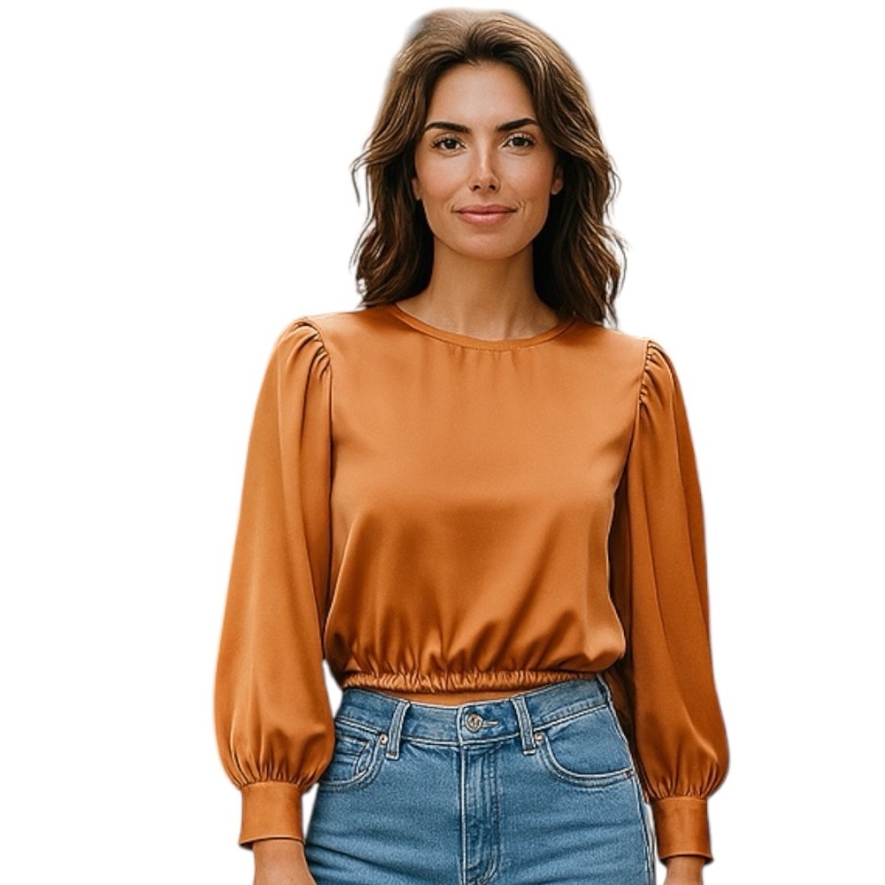 Pretty Garden Copper Bronze Satin Long Sleeve‎ Blouse Top Size L